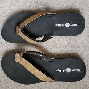 Lindsay Phillips women's sandals, Size 11, gold straps w/ mother od pearl button